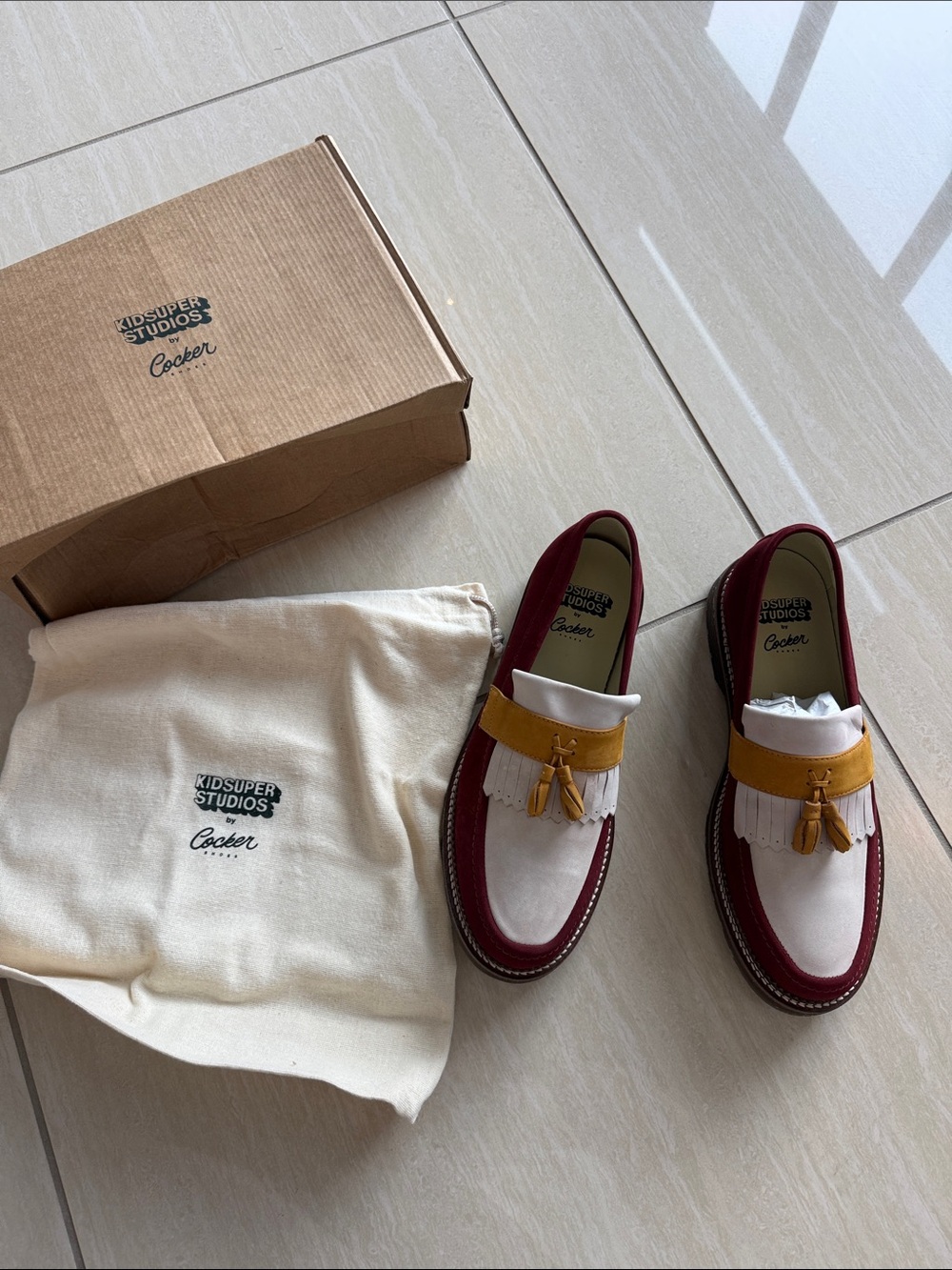 KIDSUPER STUDIOS x Cocker Colorblock Tassel Loafers - Burgundy, White & Mustard